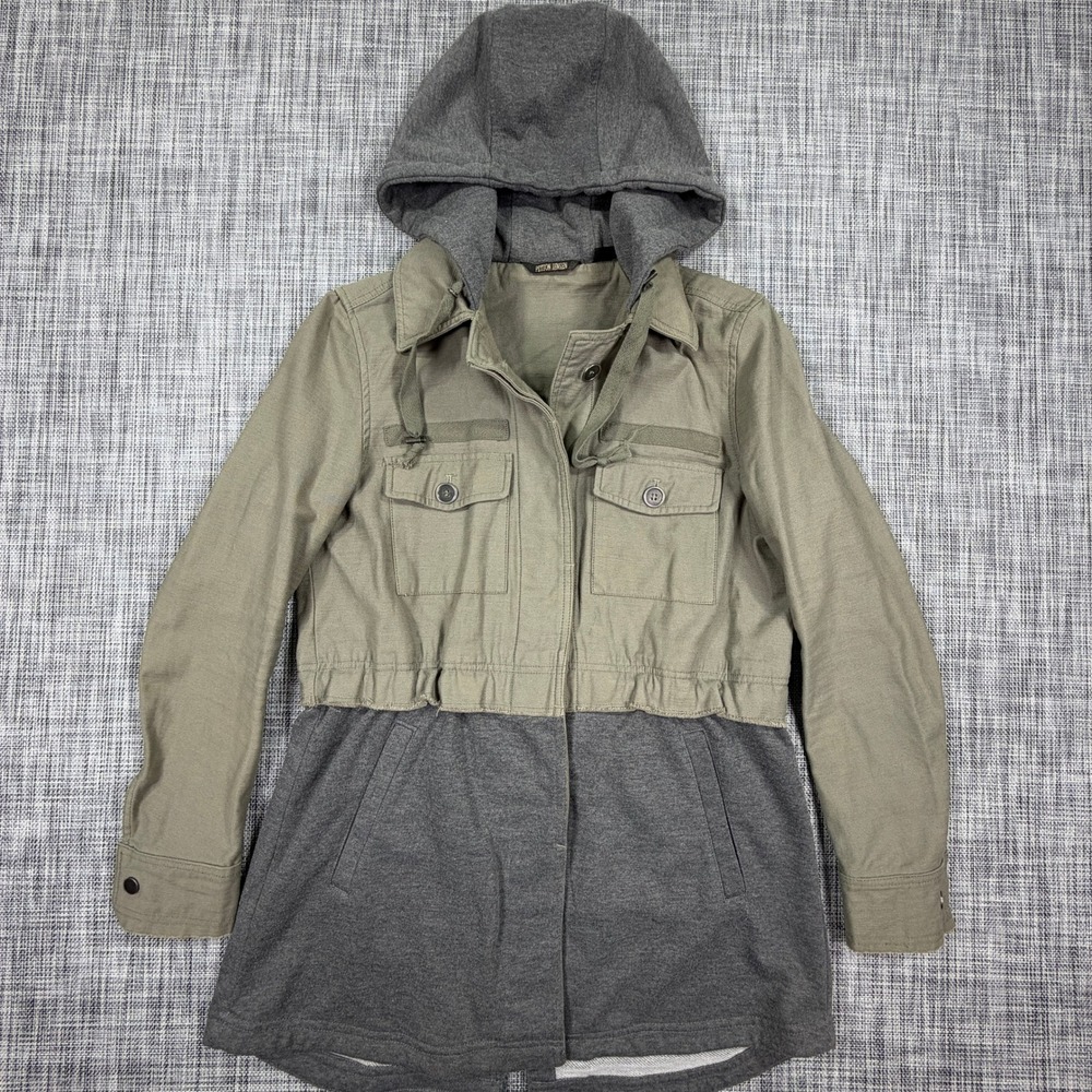 Peyton Jensen Womens Jacket M Olive Gray Hooded Utility Mixed Media Cotton Blend